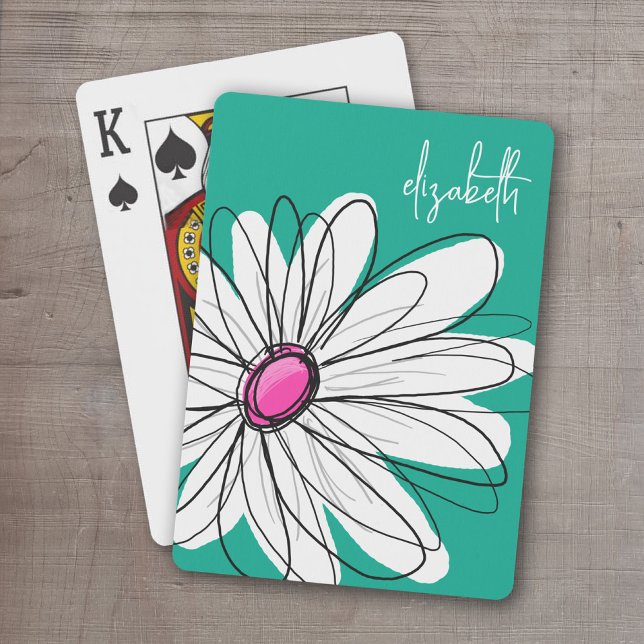 Baralho Trendy Floral Daisy Illustration - Rosa e Verde (Whimsical Daisy Personalized Playing Cards)