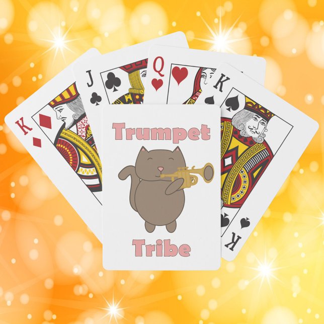 Baralho Trumpet Tribe Brown Cat (A deck of playing cards featuring a brown cat playing the trumpet with the words trumpet tribe.)