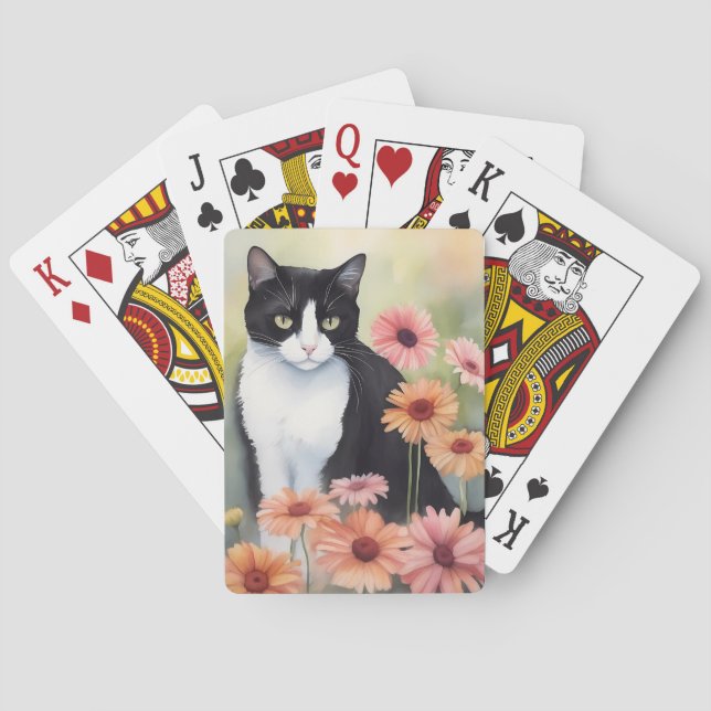 Baralho Tuxedo Gato De Aquarela Com Flores De Margarida De (Verso)