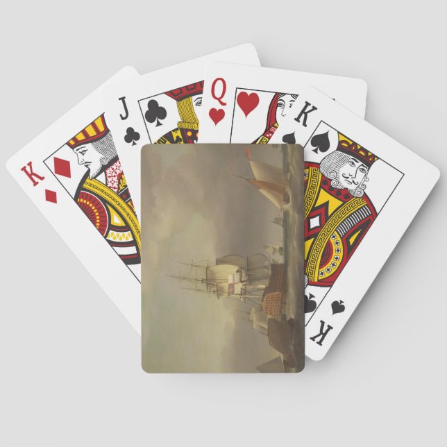 Baralho Um Seascape com Homem--Guerra e artesanato pequeno (Verso)