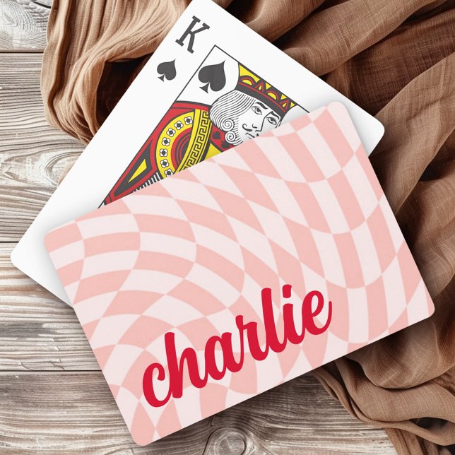 Baralho Vermelhos cor-de-rosa com onda luminosa invertida (Retro checkerboard swirl wave light blush pink red playing cards)