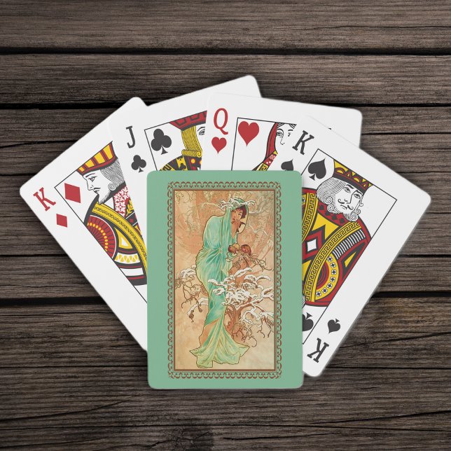 Baralho Vintage Art Deco Lady Green Ouro Tree (Vintage lady mint green hooded cape in snow covered golden tree on green deck playing cards.)