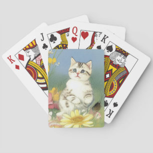 Baralho Vintage Kitten Illustration with Yellow Flowers