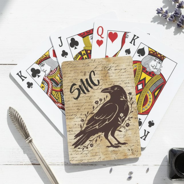 Baralho Vintage Raven Script Aesthetic Housewarming (Monogram vintage raven poker cards)