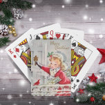 Baralho Vintage Retro Christmas Girl com Gifts Holiday<br><div class="desc">Estes cartões de jogo de Natal retrógrados apresentam uma ilustração vintage de um belo carregando de menina embrulhado em presentes de Natal e batendo na porta da frente enquanto um passarinho vermelho bonito olha.</div>