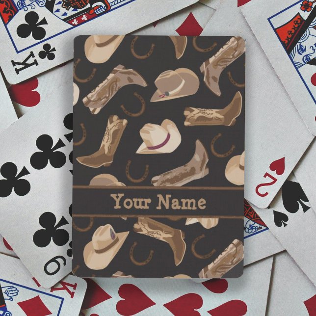 Baralho Western Cowboy Hat Boots Black Brown Name (Deck of playing cards features cowboy cowgirl western boots and hat on black with personalized name)