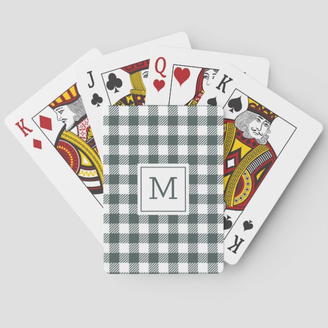 Baralho Xadrez Gingham Verde Personalizado com Monograma (Verso)