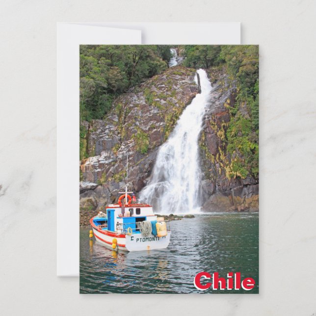 Barco e cachoeira, cartão do Chile (Frente)