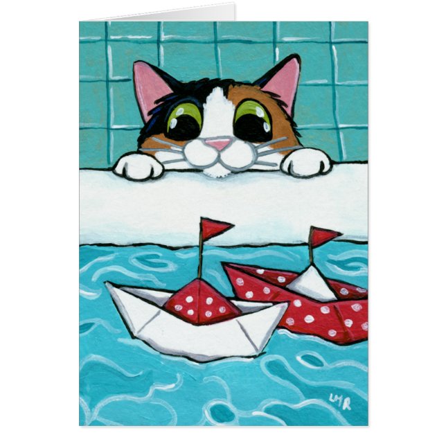 Barcos de vela de papel - cartão da arte do gato (Frente)