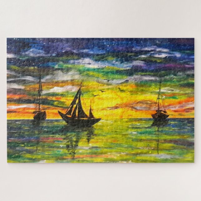 Barcos No Quebra-cabeça Sunset - Pintura (Horizontal)