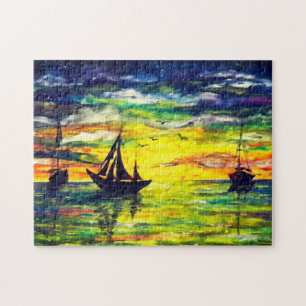 Barcos No Sunset Jigsera Quebra-cabeça - Pintura