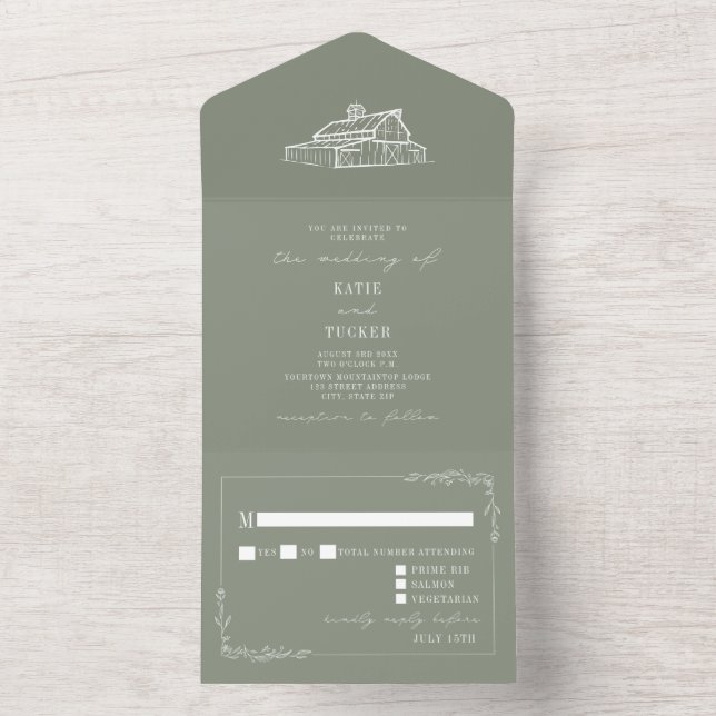 Barn Rustic Sage Green Wedding RSVP (Inside)