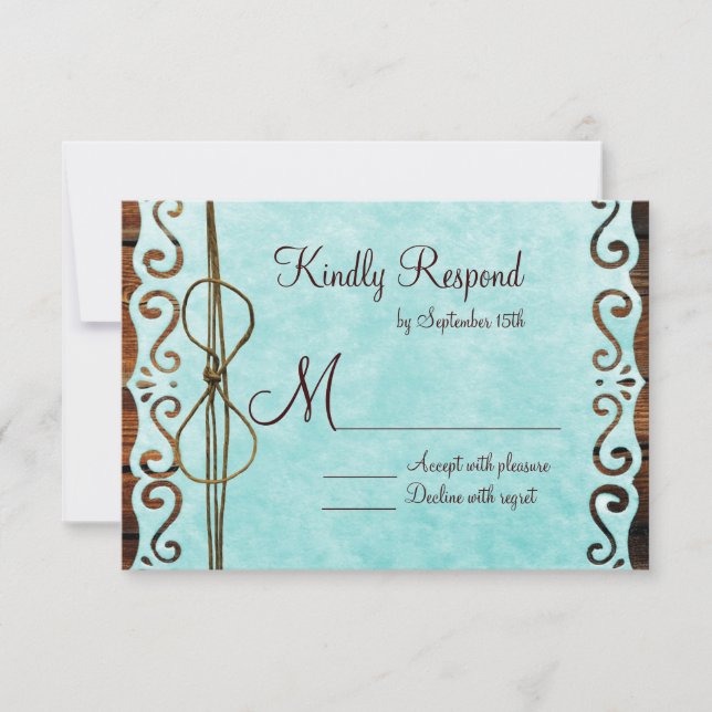 Barn Wood Vintage Papel Teal Weding Cartões RSVP (Frente)