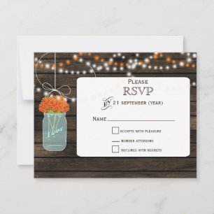 Barnwood laranja flores mason jars casamento RSVP
