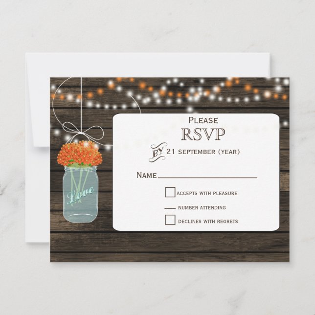 Barnwood laranja flores mason jars casamento RSVP (Frente)