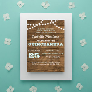 Barnwood Lights Aqua Quinceañera Convite