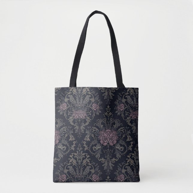 Baroque Rose Moth Tote – Gothic Floral Damask Bag (Frente)