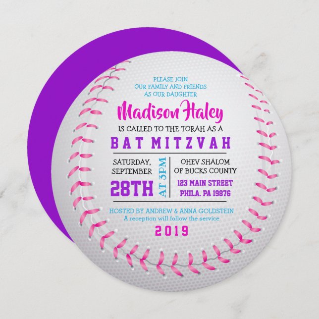 BASEBALL ROUND GIRLS Bat Mitzvah Convite (Frente/Verso)