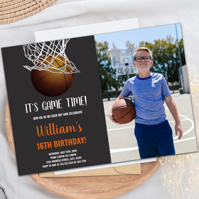 Basquete no Convite de Aniversário (Basketball in Basket Birthday Invitations w photo)