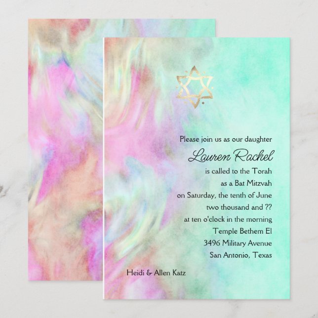 Bat Mitzvah Aqua Tie Dye Design Convite (Frente/Verso)