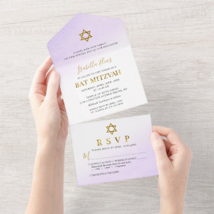 Bat Mitzvah Aquarela Pastel Roxo Dourado