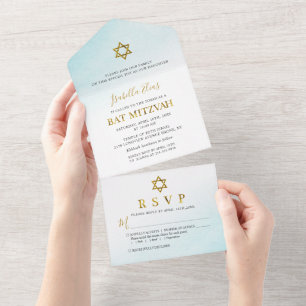 Bat Mitzvah Azul Pastel Aquarela Dourado