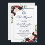 Bat Mitzvah Blue Burgundy Convite Floral<br><div class="desc">Bat Mitzvah Watercolor Burgundy Marsala Blue Cartão de Convite Floral</div>