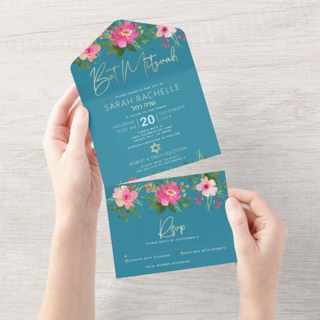 Bat Mitzvah Blue Dourada Script Floral Watercolor (Aba destacável)
