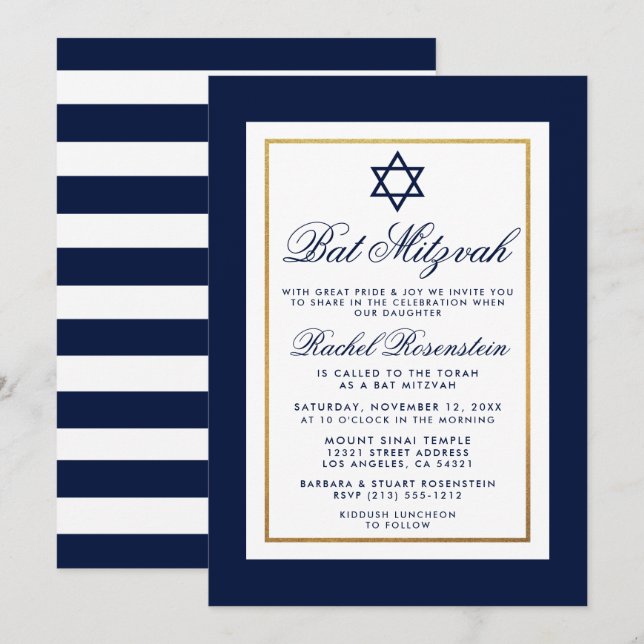 Bat Mitzvah Blue e White Stripes Convite Dourado (Frente/Verso)