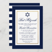 Bat Mitzvah Blue e White Stripes Convite Dourado