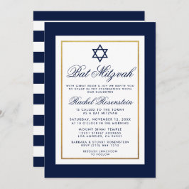 Bat Mitzvah Blue e White Stripes Convite Dourado