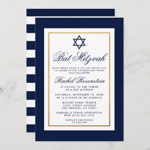 Bat Mitzvah Blue e White Stripes Convite Dourado