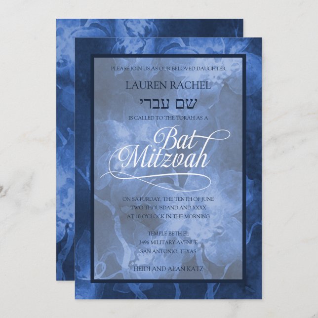 Bat Mitzvah Blue Watercolor Flowers Convite (Frente/Verso)