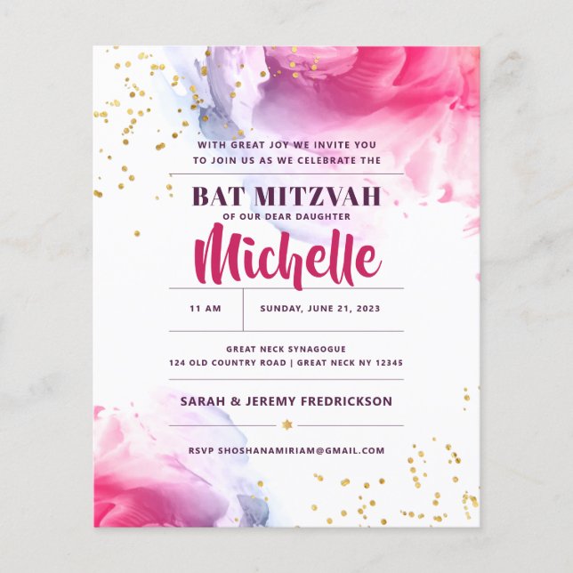 Bat Mitzvah Budget Watercolor Convite (Frente)