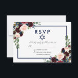 Bat Mitzvah Burgundy Blue Floral Silver RSVP<br><div class="desc">Watercolor Burgundy Marsala Blue Floral Bat Mitzvah Silver RSVP Card</div>