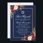 Bat Mitzvah Burgundy Convite Dourado Floral Azul<br><div class="desc">Bat Mitzvah Watercolor Burgundy Marsala Floral Blue Dourado Cartão de Convite</div>