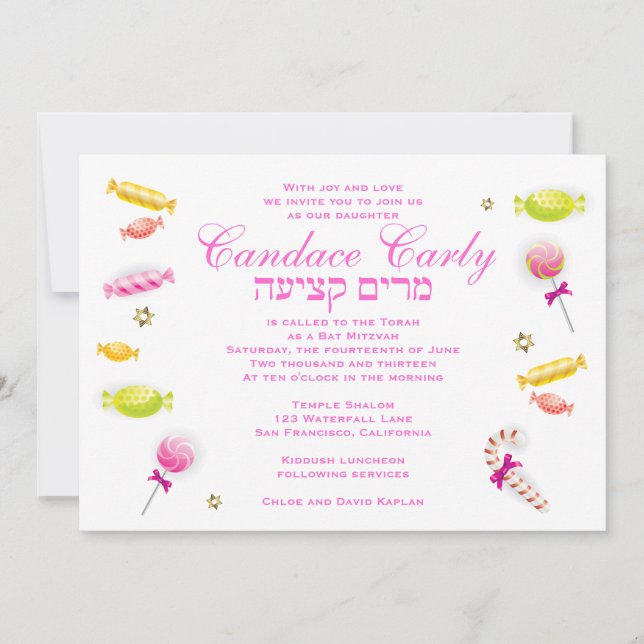 Bat Mitzvah Convite Candy Candyland Tema (Frente)