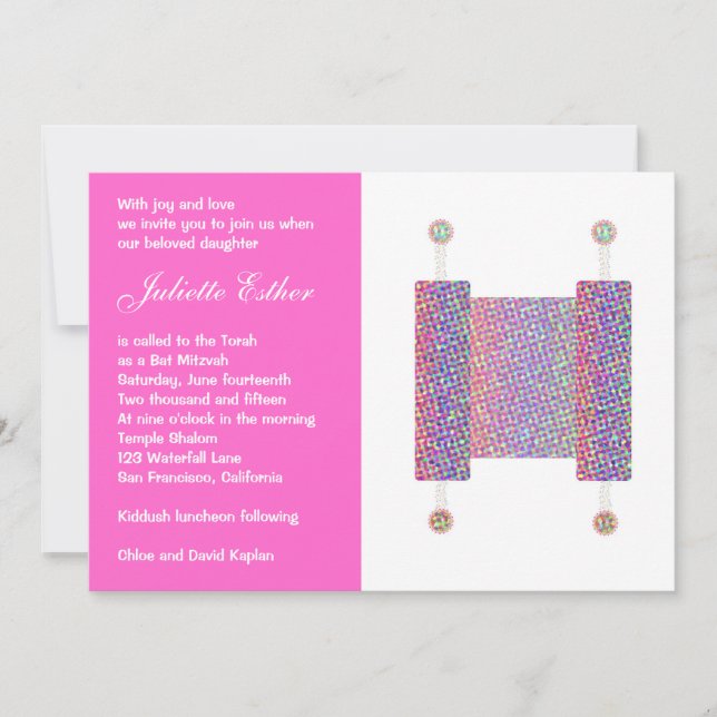 Bat Mitzvah Convite Festivo Torah Scroll Rosa (Frente)