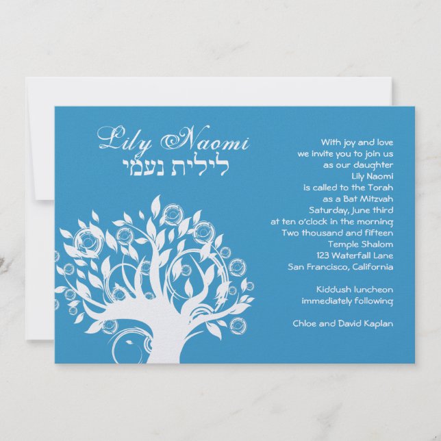 Bat Mitzvah Convite Lily Naomi Tree Blue (Frente)