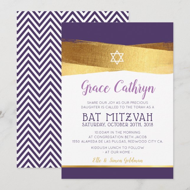BAT MITZVAH - convite para apresentação de roxo, d (Frente/Verso)