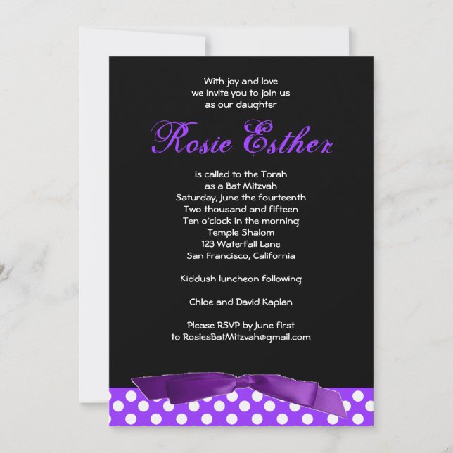 Bat Mitzvah Convite Rosie Arco Roxo Preto (Frente)