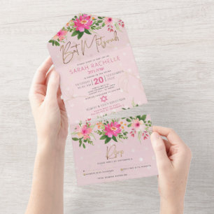 Bat Mitzvah Dourado Script Cor-de-Água Floral Rosa