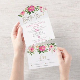 Bat Mitzvah Dourado Script Cor Floral Rosa