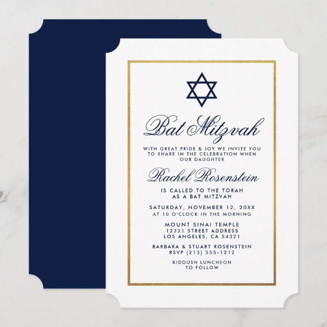 Bat Mitzvah Elegante Convite Dourado Azul (Frente/Verso)