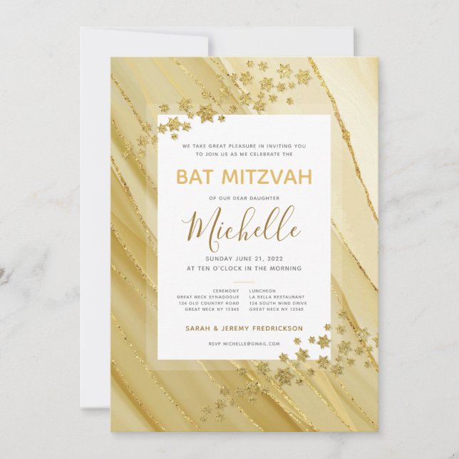 Bat Mitzvah Elegante Dourado Convite À Literatura (Frente)
