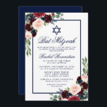 Bat Mitzvah Floral Burgundy Blue Convite<br><div class="desc">Bat Mitzvah Watercolor Burgundy Marsala Blue Cartão de Convite Floral</div>