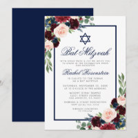 Bat Mitzvah Floral Burgundy Blue Silver Convite