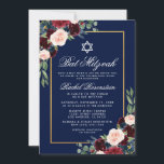 Bat Mitzvah Floral Burgundy Dourado Convite Azul<br><div class="desc">Bat Mitzvah Watercolor Burgundy Marsala Blue Floral Dourado Cartão de Convite</div>