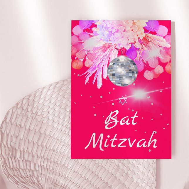 Bat Mitzvah Floral Pink Disco Ball Convite (Criador carregado)