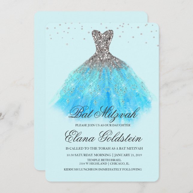 Bat Mitzvah Glitter Vestir Diamond Convite (Frente/Verso)